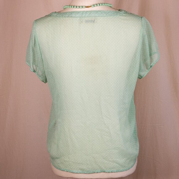 Garage 100% Polyester Semi Sheer V Neck, Pastel Green, Polka Dot Blouse, Size M - Picture 3 of 10